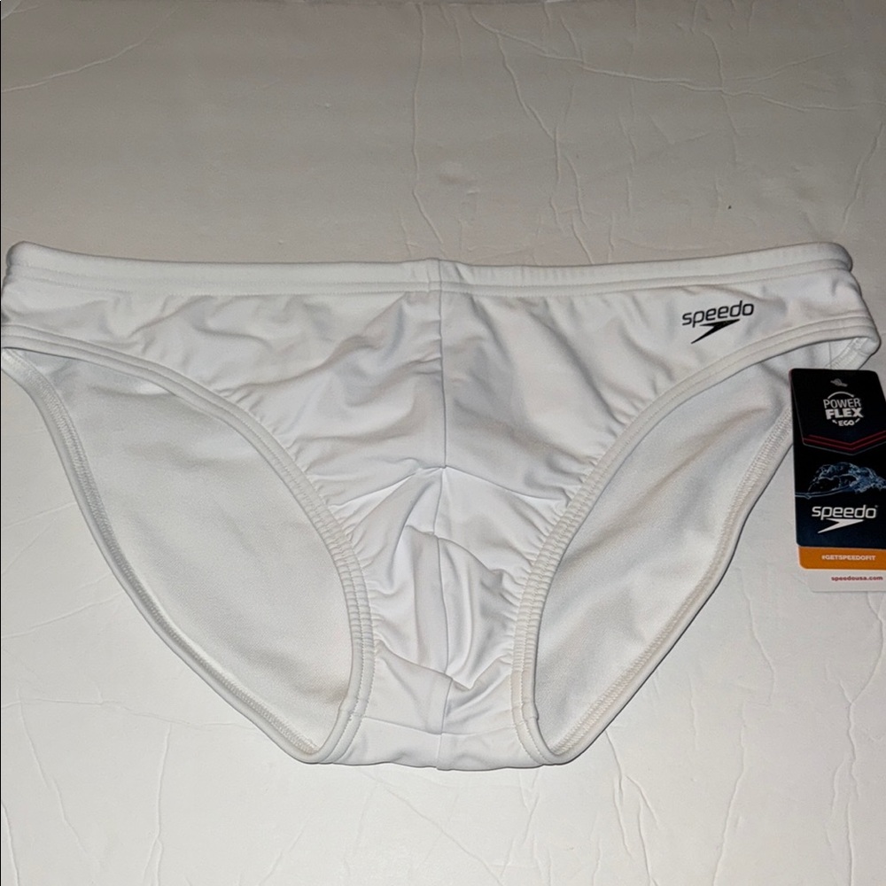 NWT Speedo Power Flex Men’s Swimsuit Swim Trunk Brief Solid White Size 38